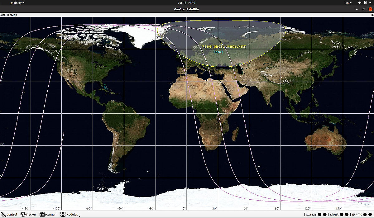 Geoscan-Edelveis’s track and the Geoscan ground station in Saint Petersburg (Base 1)