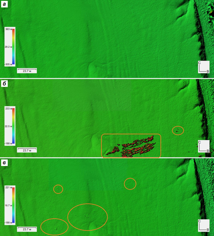 Рис. 11. Сравнение ЦМР о. Тимофеева, полученных различными способами: а – по карте глубин без плотного облака точек, разрешение 11.2 см/пиксель, исходные снимки в формате .jpg; б – по плотному облаку точек, разрешение 10.2 см/пиксель, исходные снимки в формате .jpg; в – по плотному облаку точек, разрешение 10.5 см/пиксель, исходные снимки в формате .dng. Прямоугольниками и овалами выделены артефакты