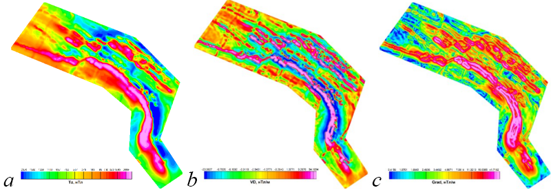 Figure 1. Maps of the surveyed area, derived from field aeromagnetic work with UAVs and office processing: a. Anomalous magnetic field map; b. Map of the vertical derivative of the anomalous magnetic field; c. Map of the total horizontal gradient of the anomalous magnetic field