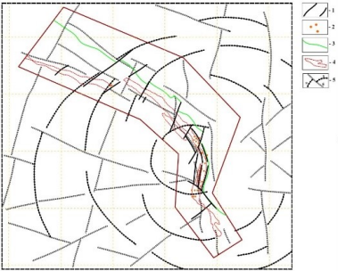 Figure 2. Reconstruction of ore-controlling elements in the first-order structural plan. Legend:
1. Pre-defined elements of geological fracturing;
2. Pre-defined and verified points of ore mineralization;
3. Pre-known projection on the cartographic plane of the contact surface between volcanogenic and volcanogenic-terrigenous formations;
4. Contours of ore bodies;
5. Reconstruction of the first-order structural plan (a. zircoid formation; b. radial disjunctives controlling known ore objects)
