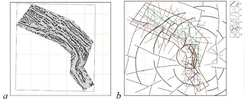 Figure 3. Reconstruction of the 2nd order geostructural plan and its integration with the 1st order geostructural plan: a. Transformation of the digital model of the anomalous magnetic field into the geostructural image of the license area; b. Joint interpretation of the transformant in Fig. 5.9., "a" and the remote sensing data transformant in Fig. 5.4., resulting in a consolidated geostructural image of the study area (in the legend: 5 – elements of the 1st order geostructural image; 6 – the same for the 2nd order);
