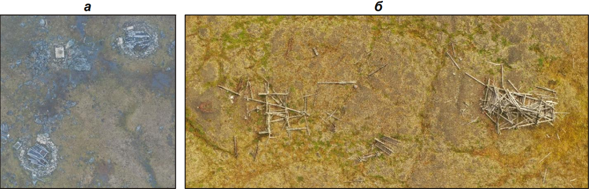 Рис. 3. а – артиллерийская батарея на о. Нансена; б – остов судна на о. Южный (арх. Новая Земля)