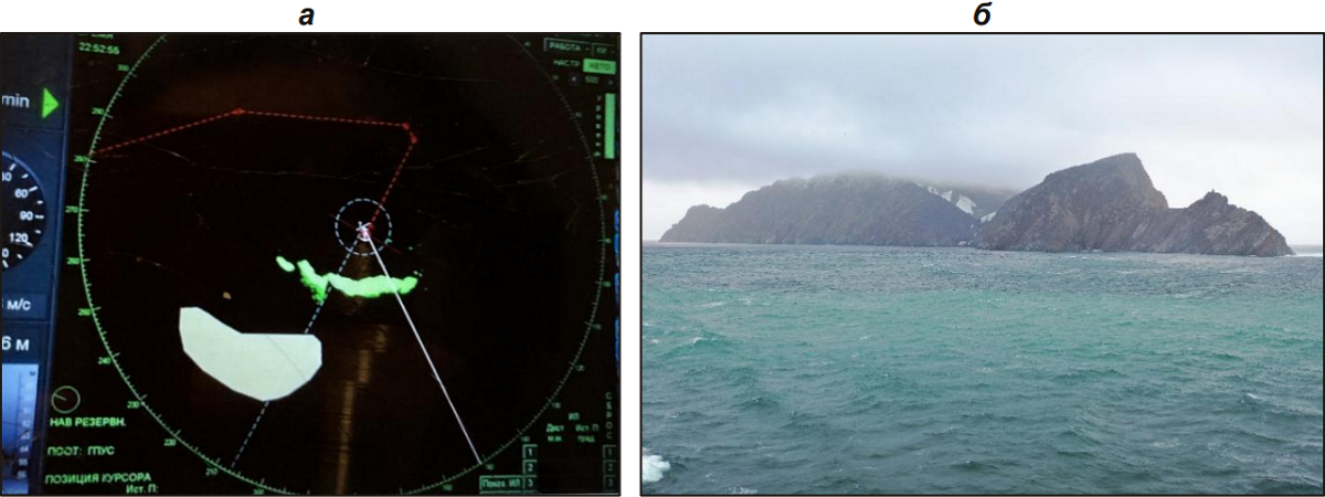 Рис. 6. Сопоставление географической карты о. Жаннетты с радиолокационными данными (а) и пример фото, полученного с борта ледокола (б)