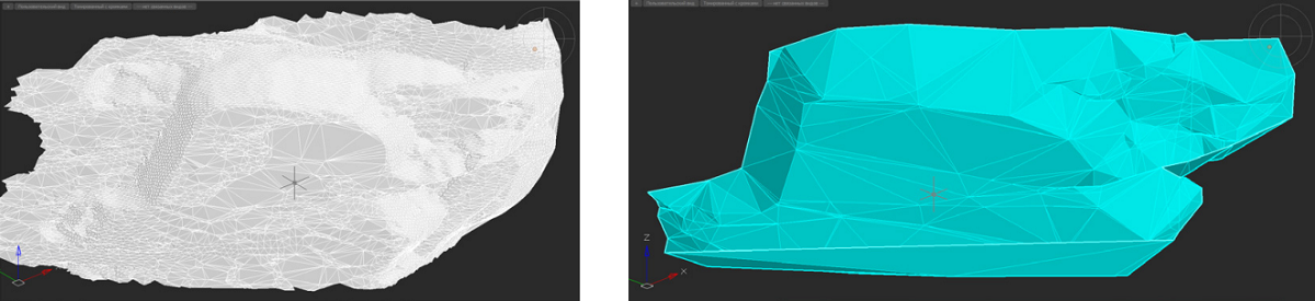 Рисунок 6. Поверхности для расчета объемов выемки, построенные по данным: а) беспилотной съемки и б) наземных измерений