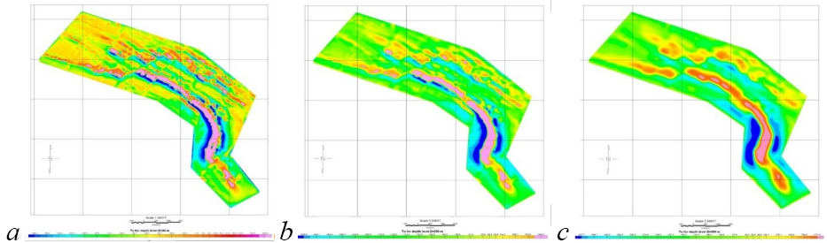 Figure 6. Results of the analytical recalculation of the magnetic field to depth: a. 50 m; b.  200 m; с. 500 m