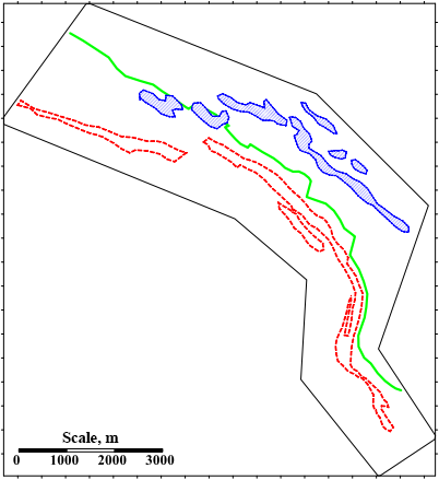 Figure 7. The predicted zone, shown against the background of a priori defined elements of the large-scale geological base: Blue indicates the predicted zone; Red indicates the contours of ore bodies; Green marks the contact of volcanogenic and volcanogenic-terrigenous formations.