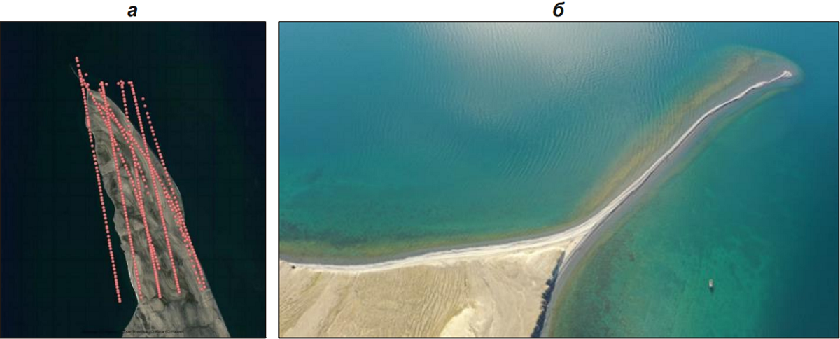 Рис. 7. Спутниковое изображение о. Тимофеева с местами проведения съемки (а) и пример фото с квадрокоптера (б)