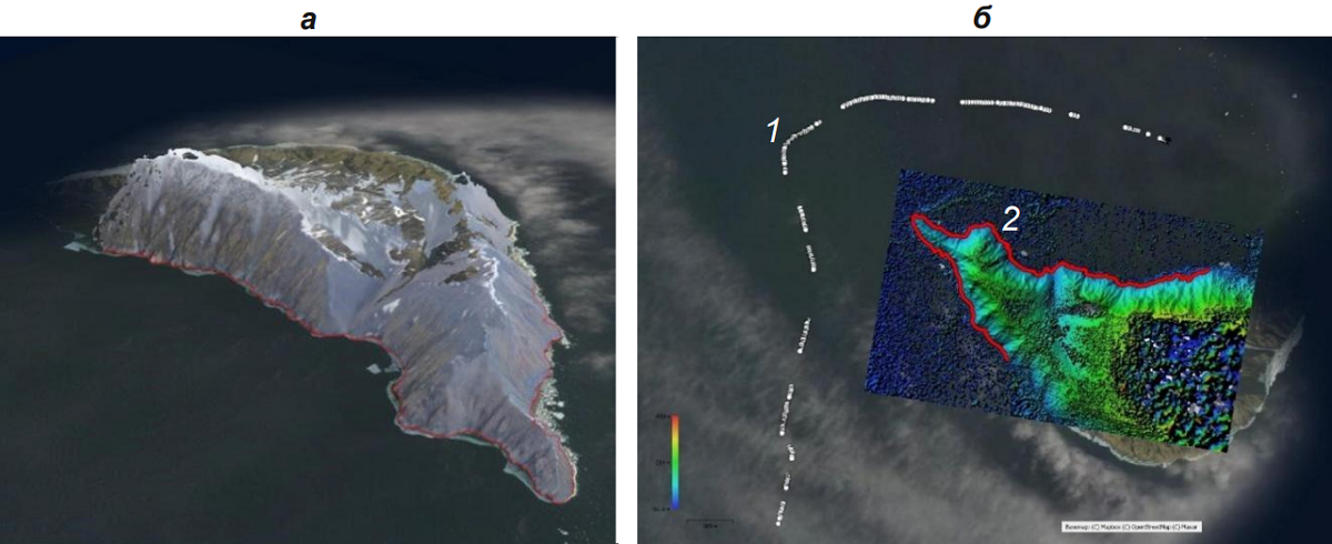 Рис. 9. Трехмерная модель (а) и ЦМР (б) о. Жаннетты, совмещенные со спутниковым снимком 1 – пункты, из которых производилась фотосъемка по мере движения ледокола; 2 – береговая линия